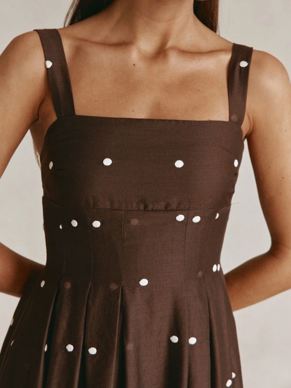 Brown Polka Dot Maxi Dress with Square Neck - Picture 3 of 8